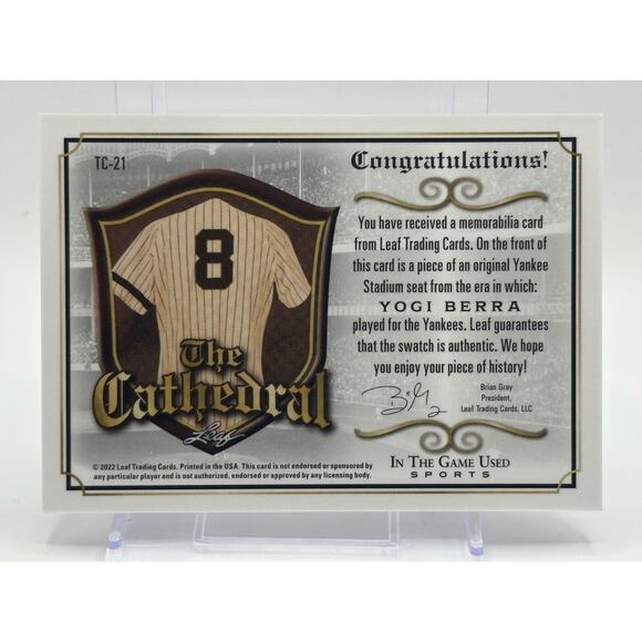 2022 Leaf In The Game Used Yogi Berra Cathedral Stadium Seat Relic Blue 4/6 SP - Picture 2 of 2